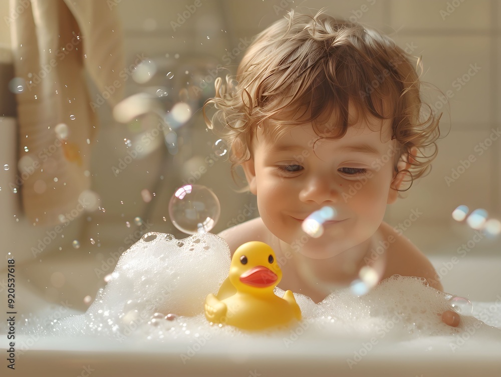 Young child enjoying bath time with a yellow rubber duck and bubbles in a cozy bathroom setting Young child enjoying bath time with a yellow rubber duck and bubbles in a cozy bathroom setting