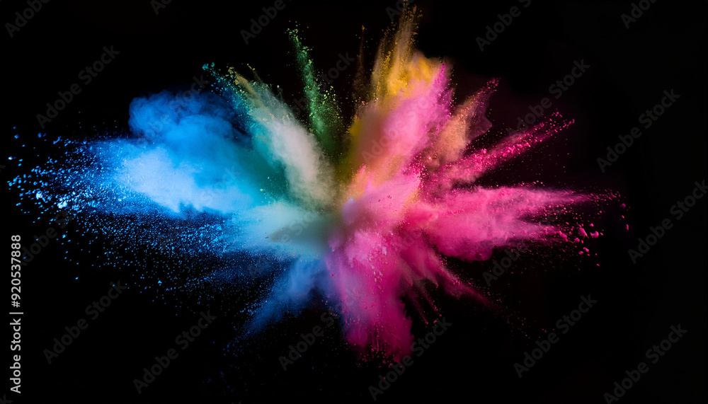 Fototapeta premium Colored powder explosion. Abstract closeup dust on backdrop. Colorful explode.