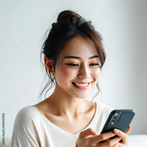 an asian woman looking handphone with smile