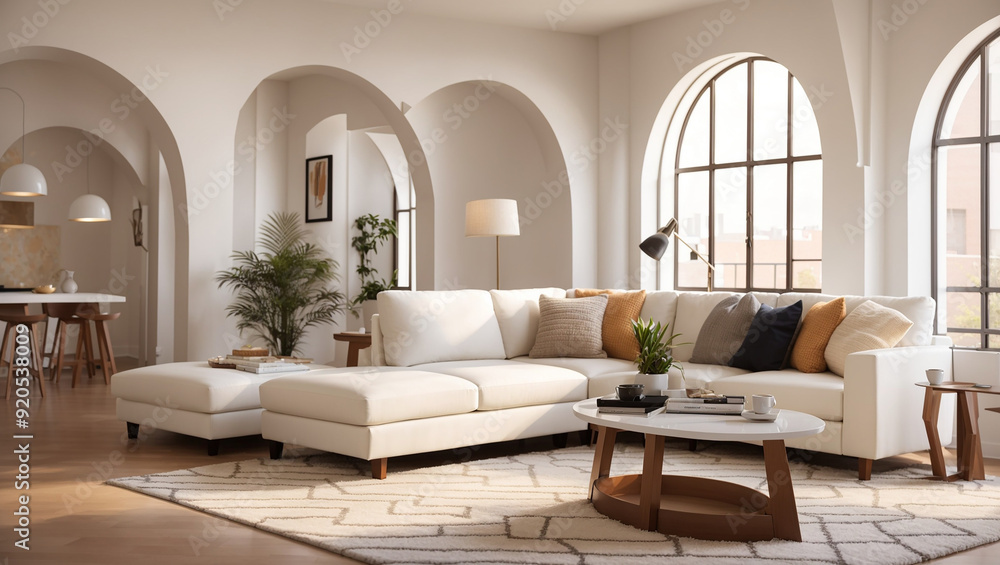 Fototapeta premium large, white sectional sofa in a living room with arched windows, a rug, and plants.
