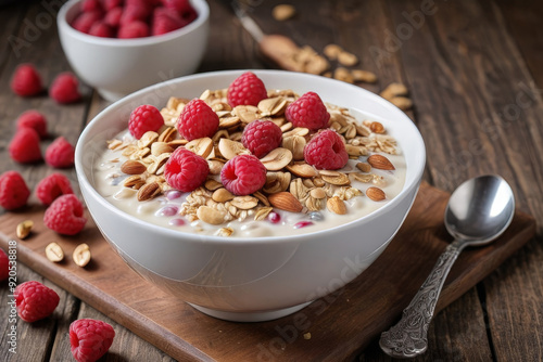 Breakfast muesli with raspberries and nuts in a plate, close-up, healthy eating concept