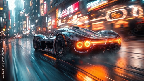 Futuristic Sports Car Speeding Through City