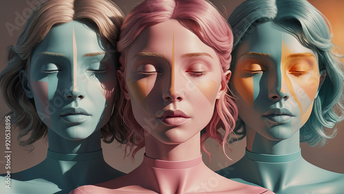 Three Abstract Female Portraits in Pastel Colors with Geometric Face Paint, Featuring Closed Eyes and Stylized Hair in a Conceptual Art Style