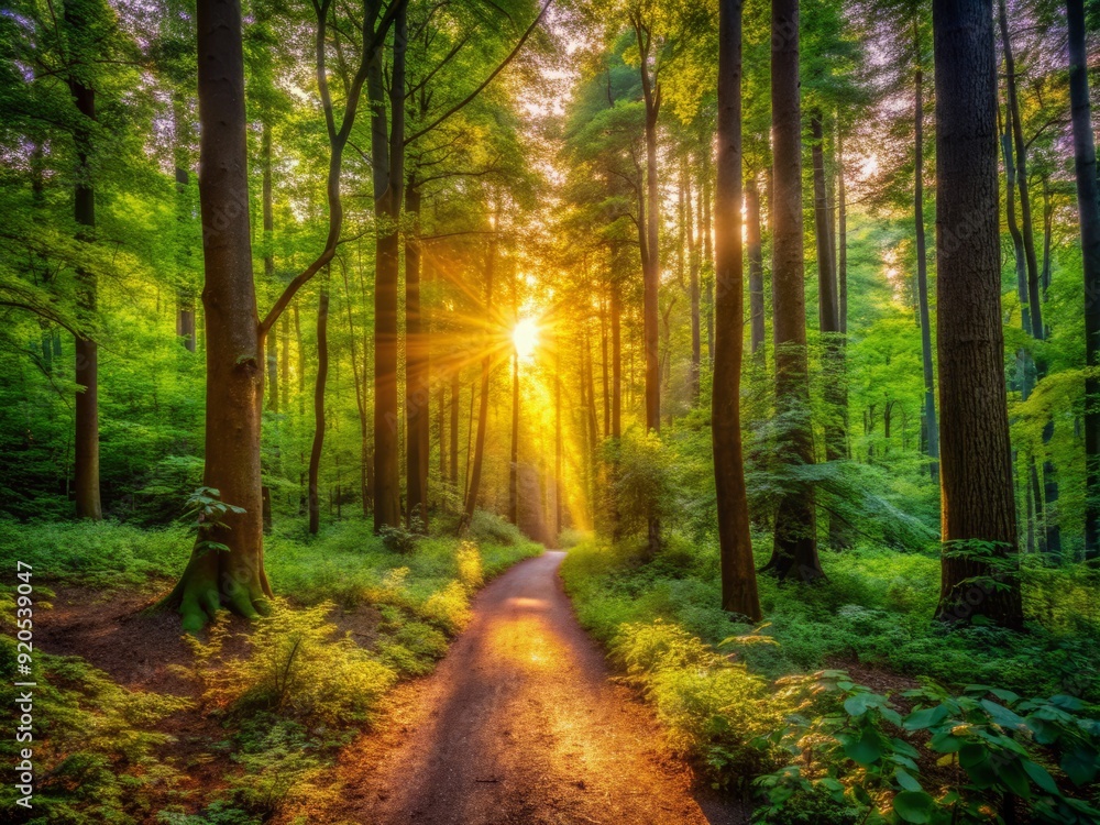 Naklejka premium Serene sunlit forest trail at sunrise, surrounded by dense greenery, vibrant foliage, and towering trees, evoking a sense of tranquility and adventure in nature.