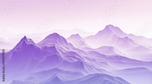 The scene depicts a tranquil and serene view of stylized purple mountains beneath a soft and gentle dawn light