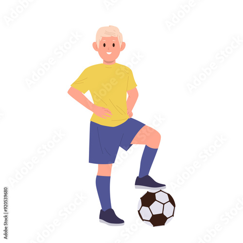 Little preteen boy child isolated cartoon character playing football enjoying sport hobby activity