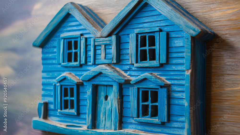 Artistic close-up of a small blue wooden house model with detailed textures, featuring windows, shutters, and a door, with a softly blurred background adding depth to the crafted design. Artistic close-up of a small blue wooden house model with detailed textures, featuring windows, shutters, and a door, with a softly blurred background adding depth to the crafted design.