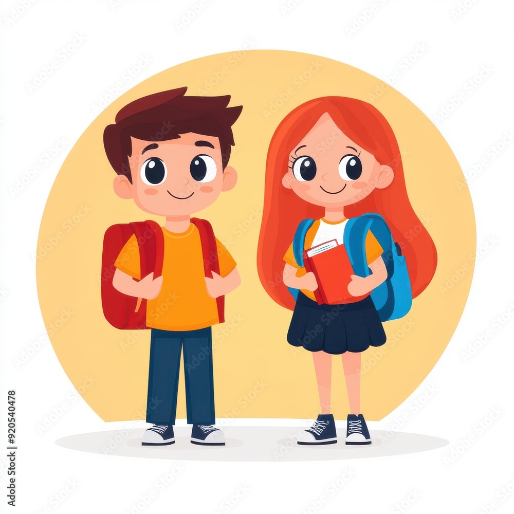 A stylish student duo, a boy and girl in bold red attire, pops against a clean white background in this flat icon design. A stylish student duo, a boy and girl in bold red attire, pops against a clean white background in this flat icon design.