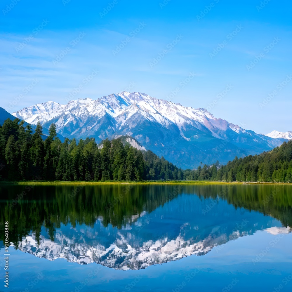 Serene lakeside view with a reflection of snow-capped mountains and pine trees in the still water Serene lakeside view with a reflection of snow-capped mountains and pine trees in the still water