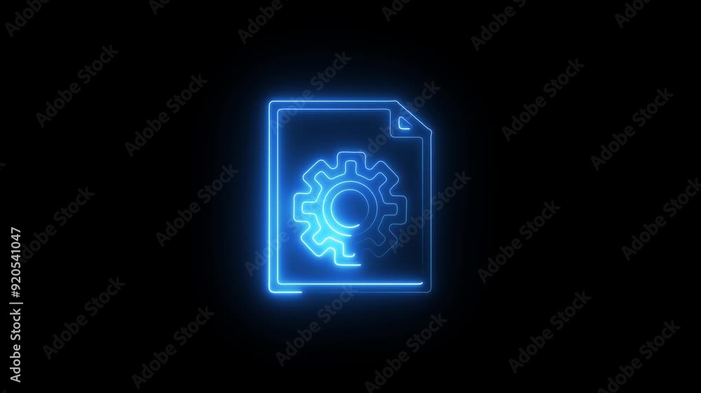 Neon line Document settings with gears icon isolated on black background Neon line Document settings with gears icon isolated on black background
