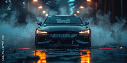 Black Car in Smoke and Rain