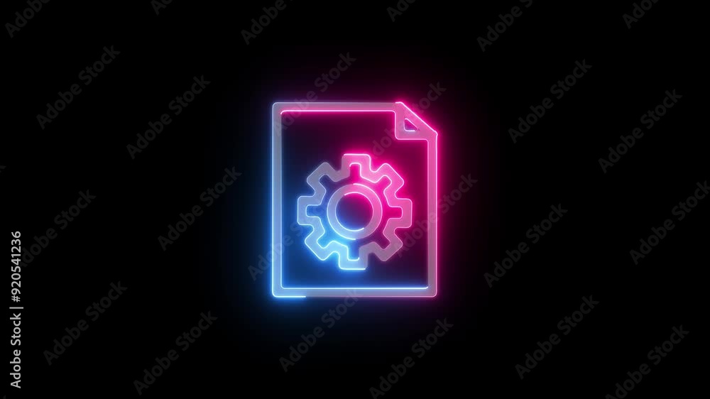Neon line Document settings with gears icon isolated on black background Neon line Document settings with gears icon isolated on black background