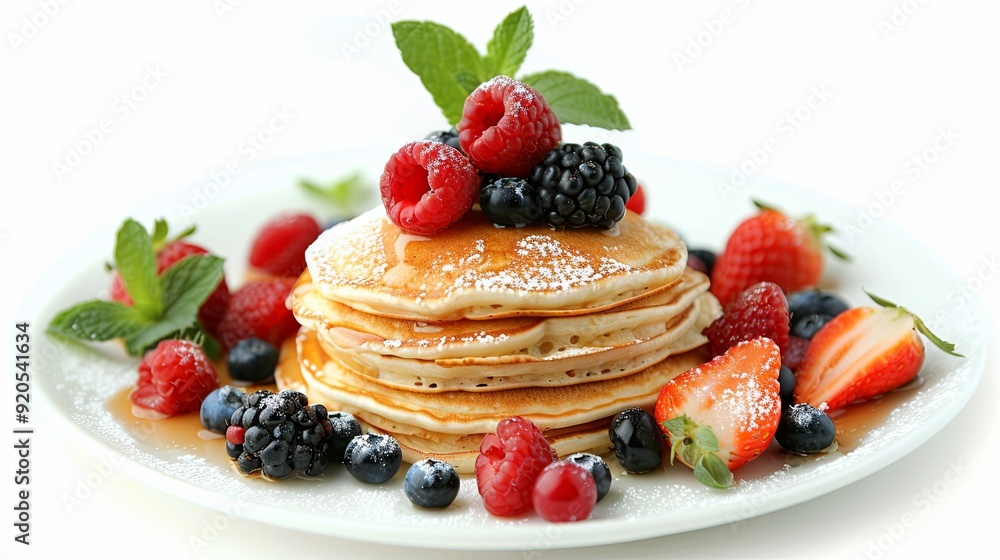 Pancakes with berries and fruits on a white isolated background Pancakes with berries and fruits on a white isolated background