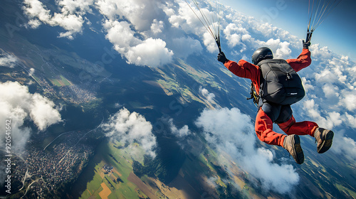 A skydiver in freefall, with the parachute just about to open, framed by a panoramic view of the ground and sky, with the skydiver’s full body visible.