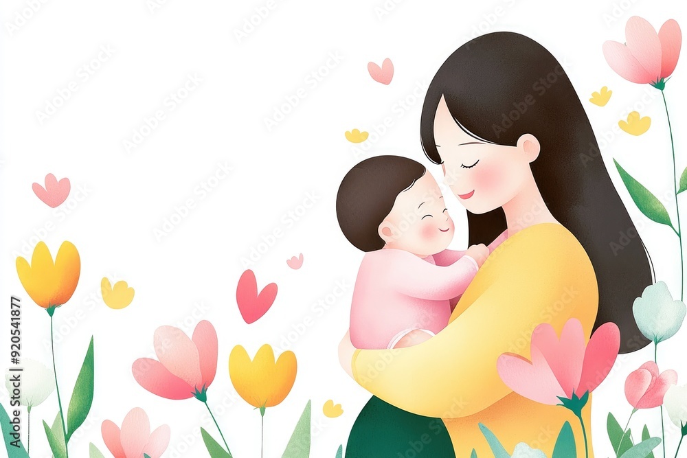 A loving mother embraces her joyful baby amidst a vibrant floral backdrop, symbolizing warmth and cherished moments. A loving mother embraces her joyful baby amidst a vibrant floral backdrop, symbolizing warmth and cherished moments.