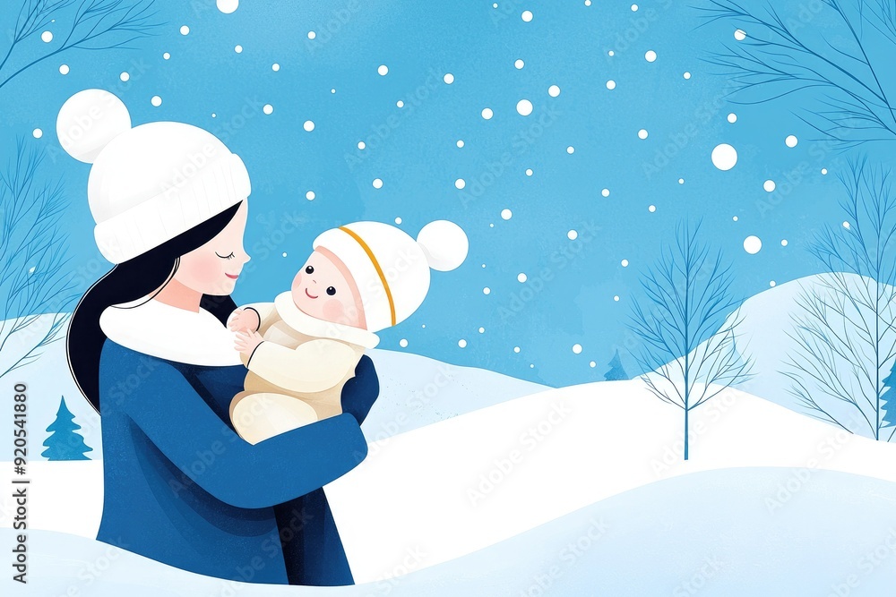 A mother lovingly holds her baby in a winter wonderland, surrounded by soft snowflakes and serene blue skies. A mother lovingly holds her baby in a winter wonderland, surrounded by soft snowflakes and serene blue skies.