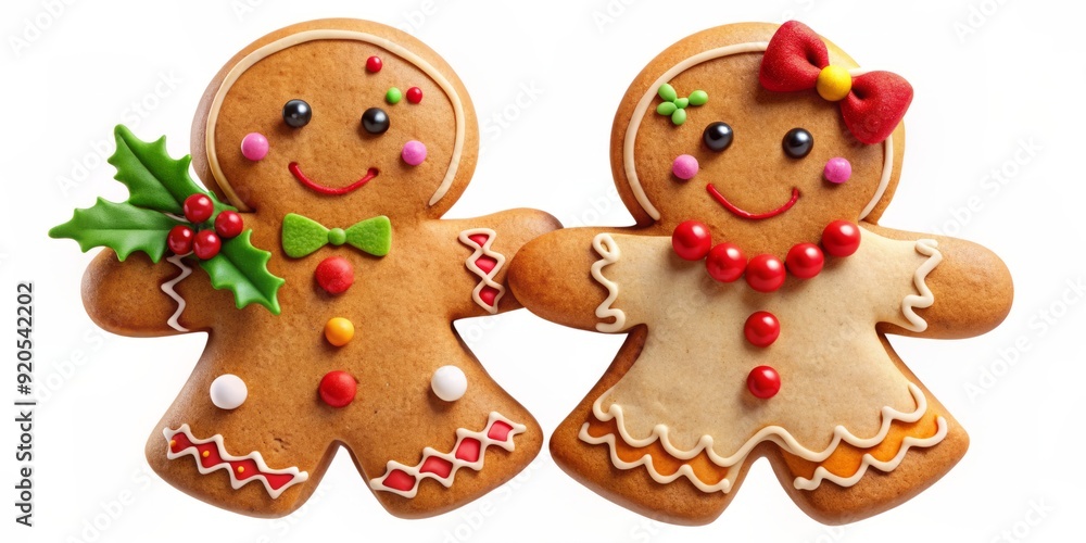 Vibrant, sugary sweet gingerbread couple, arm in arm, adorned with icing smiles, candy buttons, and festive holly, epitomizing joyful holiday cheer, perfect for Christmas celebrations. Vibrant, sugary sweet gingerbread couple, arm in arm, adorned with icing smiles, candy buttons, and festive holly, epitomizing joyful holiday cheer, perfect for Christmas celebrations.