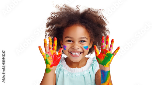 African American Cute Girl Smile With Painted Hands Isolated On PNG Transparent And White Background photo