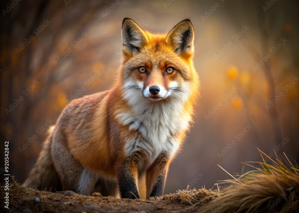 Vibrant red fox with fluffy fur and piercing yellow eyes stands alone on a dull brown background, showcasing its majestic beauty in a natural setting. Vibrant red fox with fluffy fur and piercing yellow eyes stands alone on a dull brown background, showcasing its majestic beauty in a natural setting.
