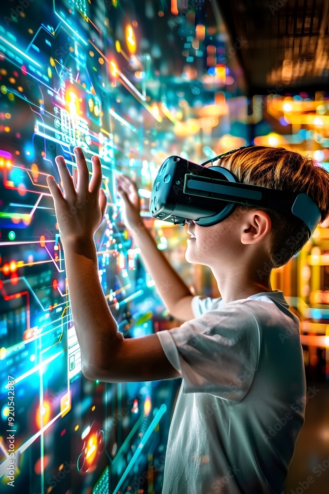 Boy Wearing VR Headset Interacting with Digital Interface. Boy Wearing VR Headset Interacting with Digital Interface.