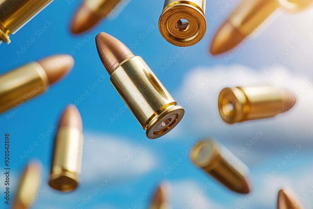 Close-up view of bullets falling through a bright blue sky, showcasing details and glint of metal in vibrant lighting. Close-up view of bullets falling through a bright blue sky, showcasing details and glint of metal in vibrant lighting.