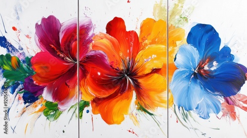 Wallpaper Mural set of 3 wall art panels with abstract floral colorful painting, white background, close up, split into three  Torontodigital.ca
