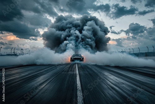 A powerful racing car performs a dramatic burnout on a track, creating large clouds of smoke, capturing the thrill, speed, and intensity of motorsport. photo