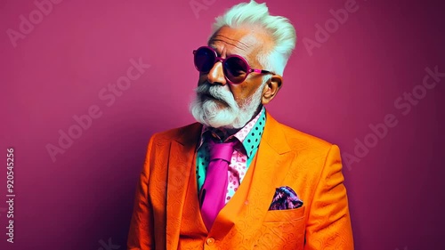 Portrait of fashionable senior man with bright colorful look.