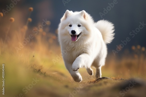 Samoyed dog running in the autumn field. Beautiful purebred dog.