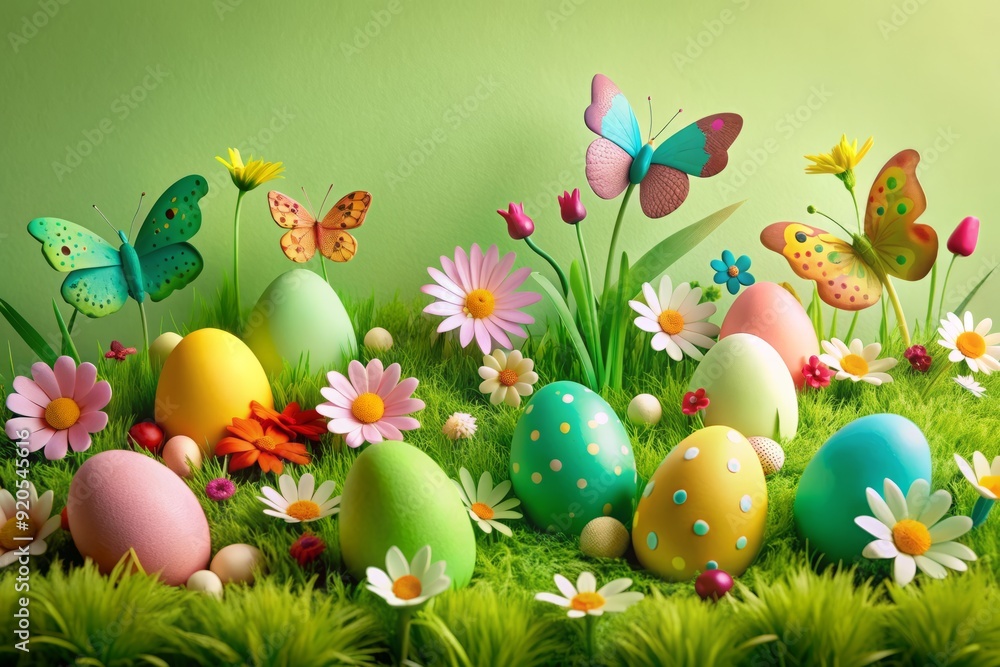 Vibrant green Easter eggs surrounded by colorful paper art flowers, butterflies, and holiday symbols rest on a soft pastel background with lush grass and copious copy space. Vibrant green Easter eggs surrounded by colorful paper art flowers, butterflies, and holiday symbols rest on a soft pastel background with lush grass and copious copy space.