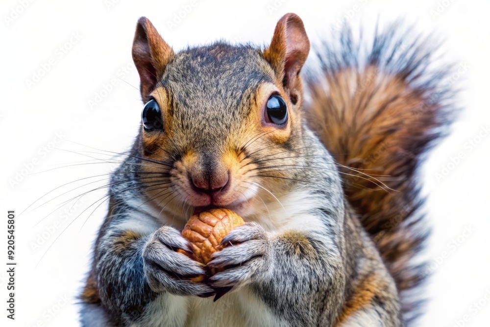 Adorable eastern grey squirrel's tiny paws grasp a nut, its bright eyes shining with excitement, against a transparent background, showcasing its natural behavior. Adorable eastern grey squirrel's tiny paws grasp a nut, its bright eyes shining with excitement, against a transparent background, showcasing its natural behavior.