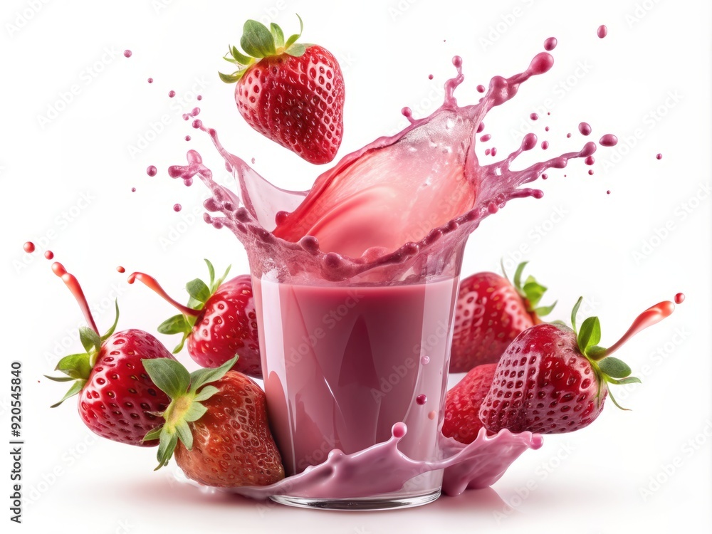 Vibrant pink strawberry juice burst suspended in mid-air, intricately frozen in time, set against a transparent background, evoking a refreshing and fruity visual sensation. Vibrant pink strawberry juice burst suspended in mid-air, intricately frozen in time, set against a transparent background, evoking a refreshing and fruity visual sensation.