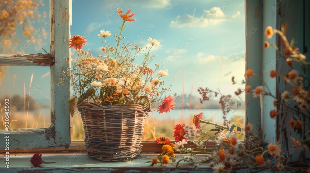 Window with Flowers and a View of Lake Window with Flowers and a View of Lake