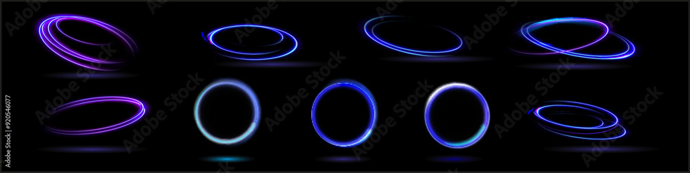 Neon swirl. Curve blue line light effect. Abstract ring background with glowing swirling background. Energy flow tunnel. Blue portal, platform. Magic circle vector. Neon swirl. Curve blue line light effect. Abstract ring background with glowing swirling background. Energy flow tunnel. Blue portal, platform. Magic circle vector.