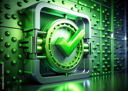 A vibrant green checkmark securely locks a digital vault protecting sensitive information, ensuring complete confidentiality and data protection in a virtual environment. photo