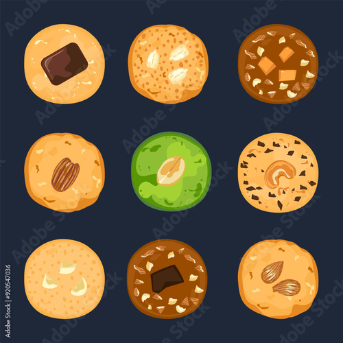 Vector illustration of food, bakery, cookies, cereals, chocolate, pastries, handmade, cooking, sweet products, food menu. Empty isolated on white background. posters, signs, cards, and advertisements