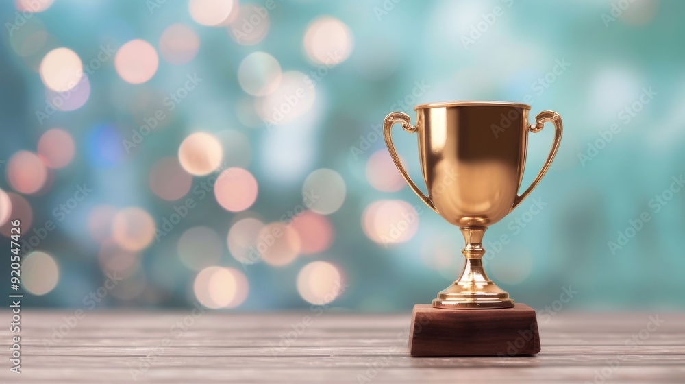 A golden trophy standing on a wooden surface with a blurred background of colorful bokeh, symbolizing achievement and success. A golden trophy standing on a wooden surface with a blurred background of colorful bokeh, symbolizing achievement and success.