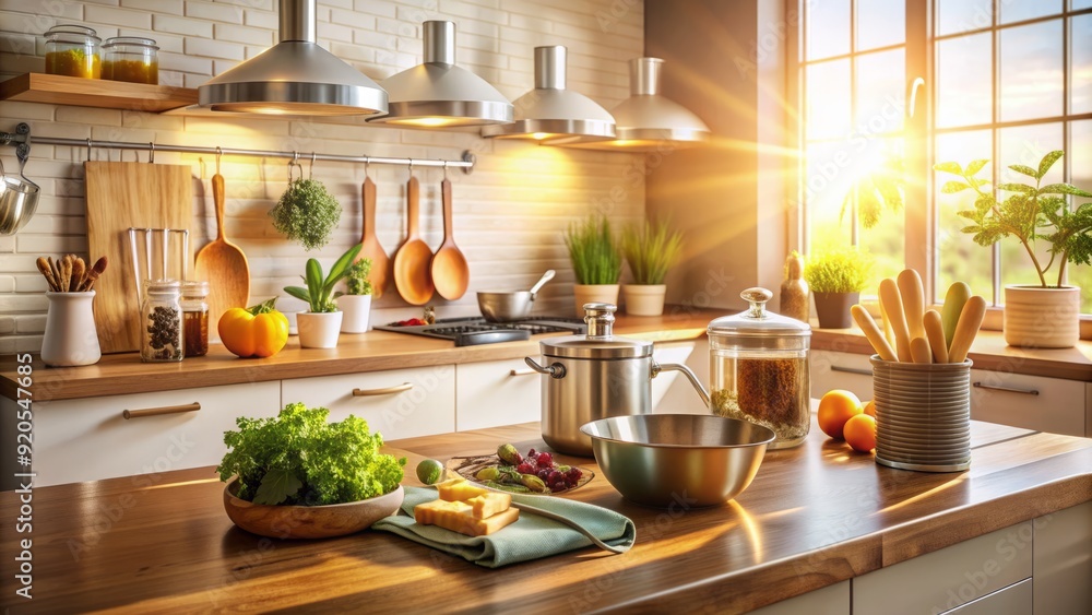 Warm and inviting modern kitchen scene with utensils and ingredients on countertops, soft back light illuminating the space, evoking feelings of friendship and warmth. Warm and inviting modern kitchen scene with utensils and ingredients on countertops, soft back light illuminating the space, evoking feelings of friendship and warmth.