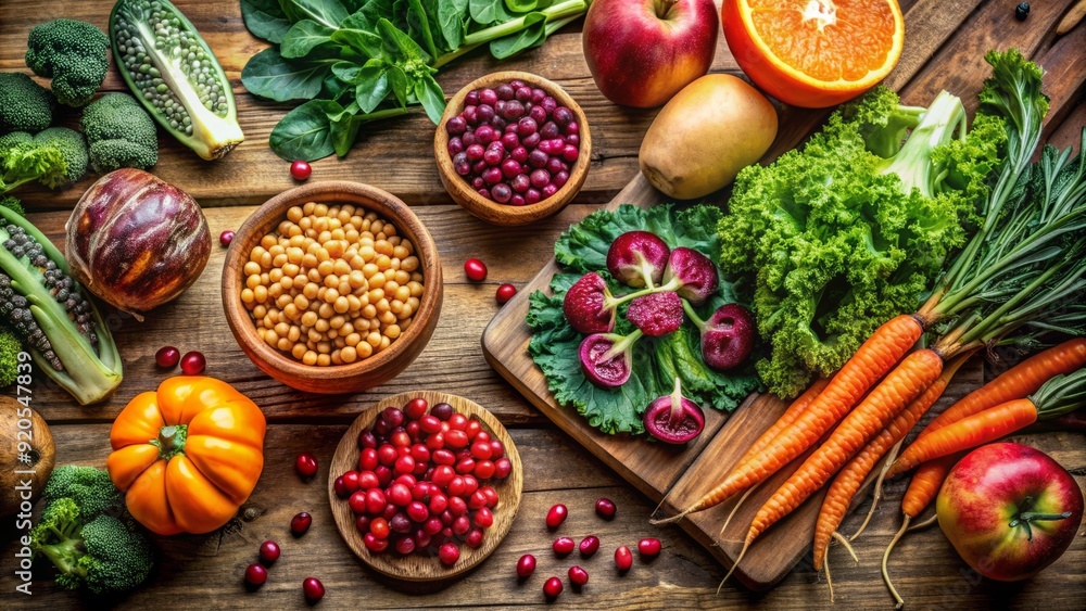 Fresh vegetables, fruits, and legumes scattered on a wooden table, including kale, pomegranate, sweet potatoes, and chickpeas, perfect for a winter vegan recipe. Fresh vegetables, fruits, and legumes scattered on a wooden table, including kale, pomegranate, sweet potatoes, and chickpeas, perfect for a winter vegan recipe.