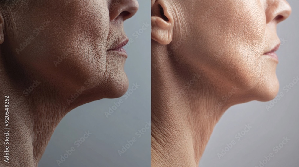 Obraz premium close-up before and after comparison of mature woman's neck and lower face showing skin tightening and anti-aging results