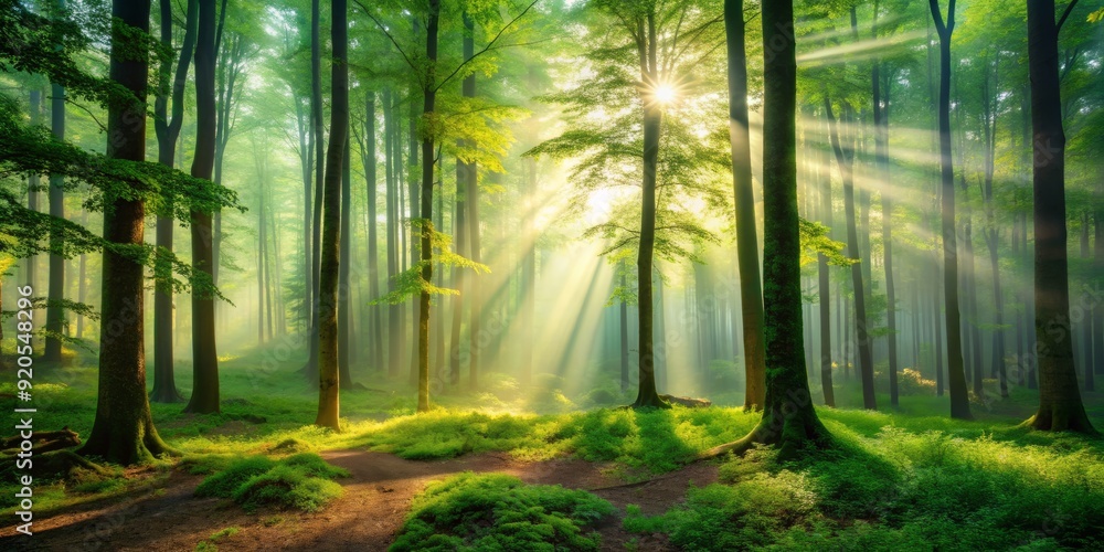 Naklejka premium Serene vibrant green forest surrounded by towering trees, soft misty fog, and warm sunlight filtering through, perfect for inspiring and uplifting quote backgrounds.