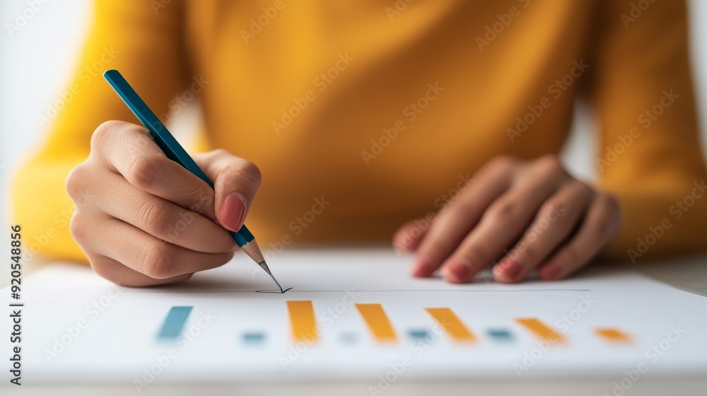A close-up of a person analyzing data with a pencil, focused on colorful bar graphs on a white sheet, conveying professionalism. A close-up of a person analyzing data with a pencil, focused on colorful bar graphs on a white sheet, conveying professionalism.