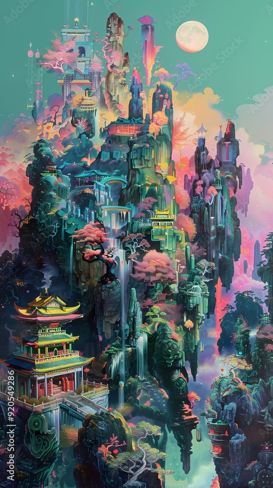 Fototapeta premium Chinese landscape with a colorful scene illustration background poster decorative painting