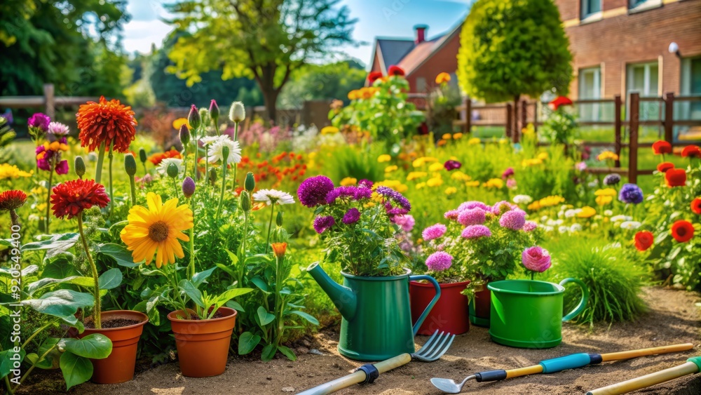 Vibrant flowers and lush greenery thrive in a well-maintained school garden, surrounded by tiny gardening tools and watering cans, awaiting students' tender care. Vibrant flowers and lush greenery thrive in a well-maintained school garden, surrounded by tiny gardening tools and watering cans, awaiting students' tender care.