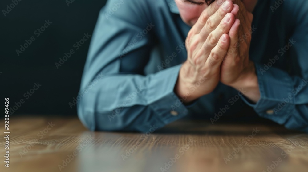Obraz premium A contemplative moment of a man with hands clasped, reflecting deep thoughts or emotions during a quiet, introspective time.