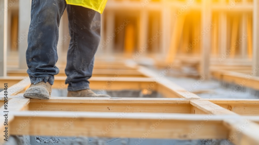 A construction worker stands on wooden beams, showcasing safety and precision during a building project at sunset. A construction worker stands on wooden beams, showcasing safety and precision during a building project at sunset.