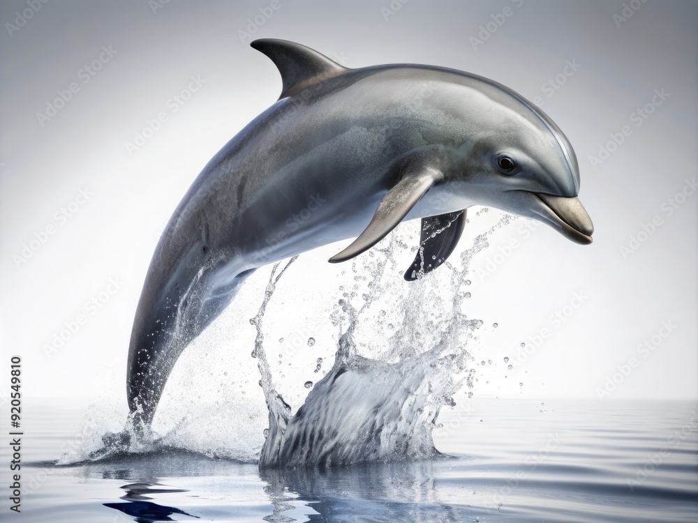 Obraz premium Adorable dolphin leaping upward, its sleek gray body arcing through the air, surrounded by subtle water droplets, against a pristine white studio background, isolated.