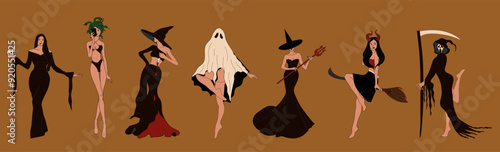 Set of Halloween costume concepts. Witch. Cute ladies in retro style