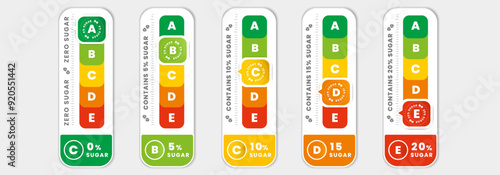 Nutri grade food score emblem sign label vertical infographic 5-colour nutrition indicator from green (grade A) to red (Grade E) design for packaging food and drink product. Vector illustration