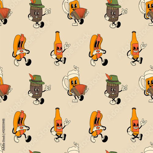 Seamless pattern with Set of retro Beer, Hot Dog mascot character. 40s, 50s, 60s old animation style. Oktoberfest mascot